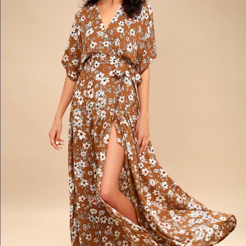 🥥 Bergamo Brown Floral Print Wrap Maxi Dress faithful the brand